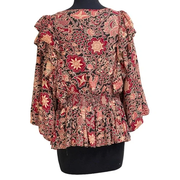 House of Harlow 1960 Jaipur Print Boho Abstract Floral Blouse Top Sz L Black Red - Picture 9 of 16